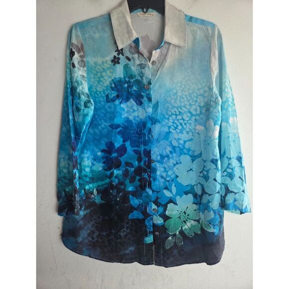 Soft Surroundings "Jolene" Blue Ombre Floral 100% Silk Button Up Blouse Small P. - Picture 2 of 8